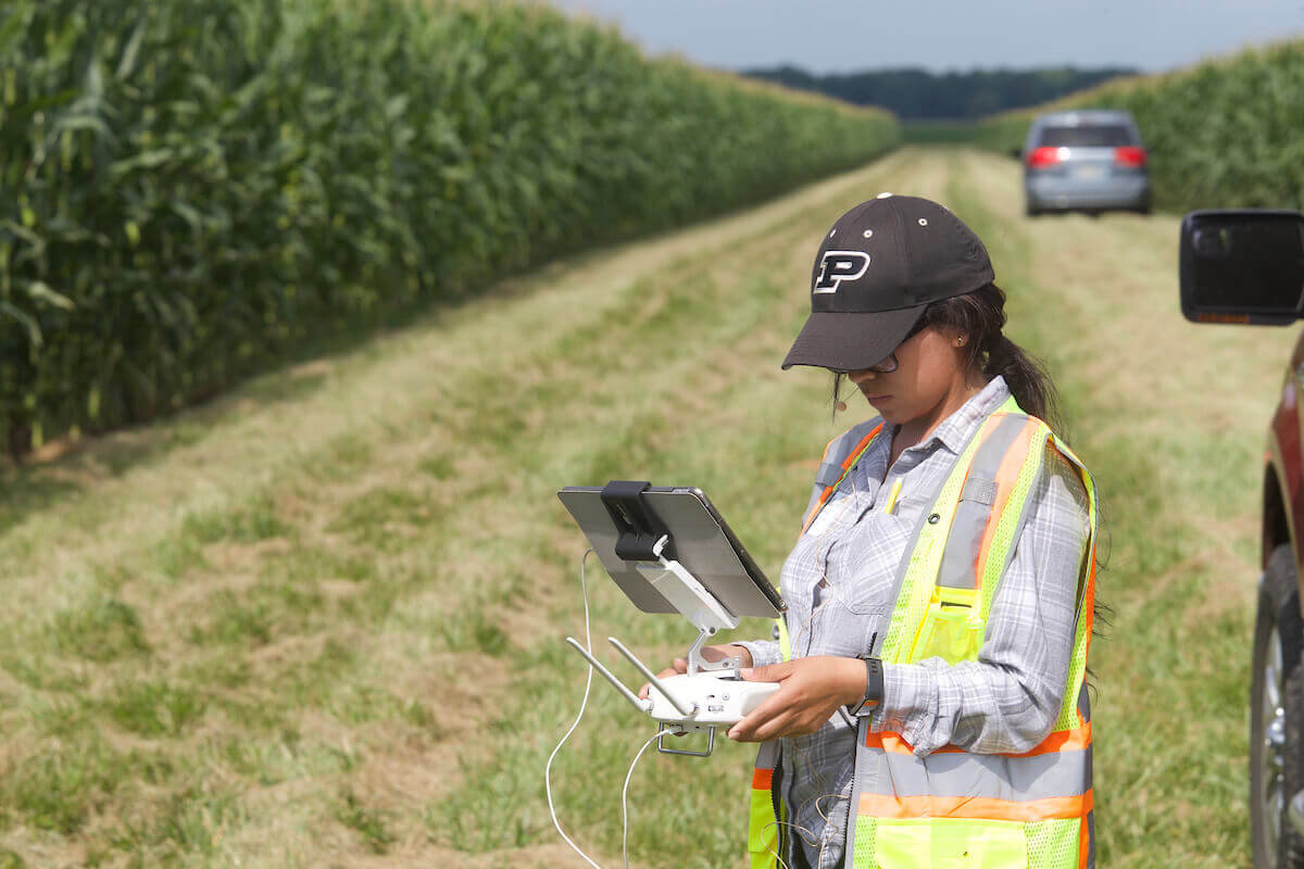 female student using electronic devise on a cornfield
