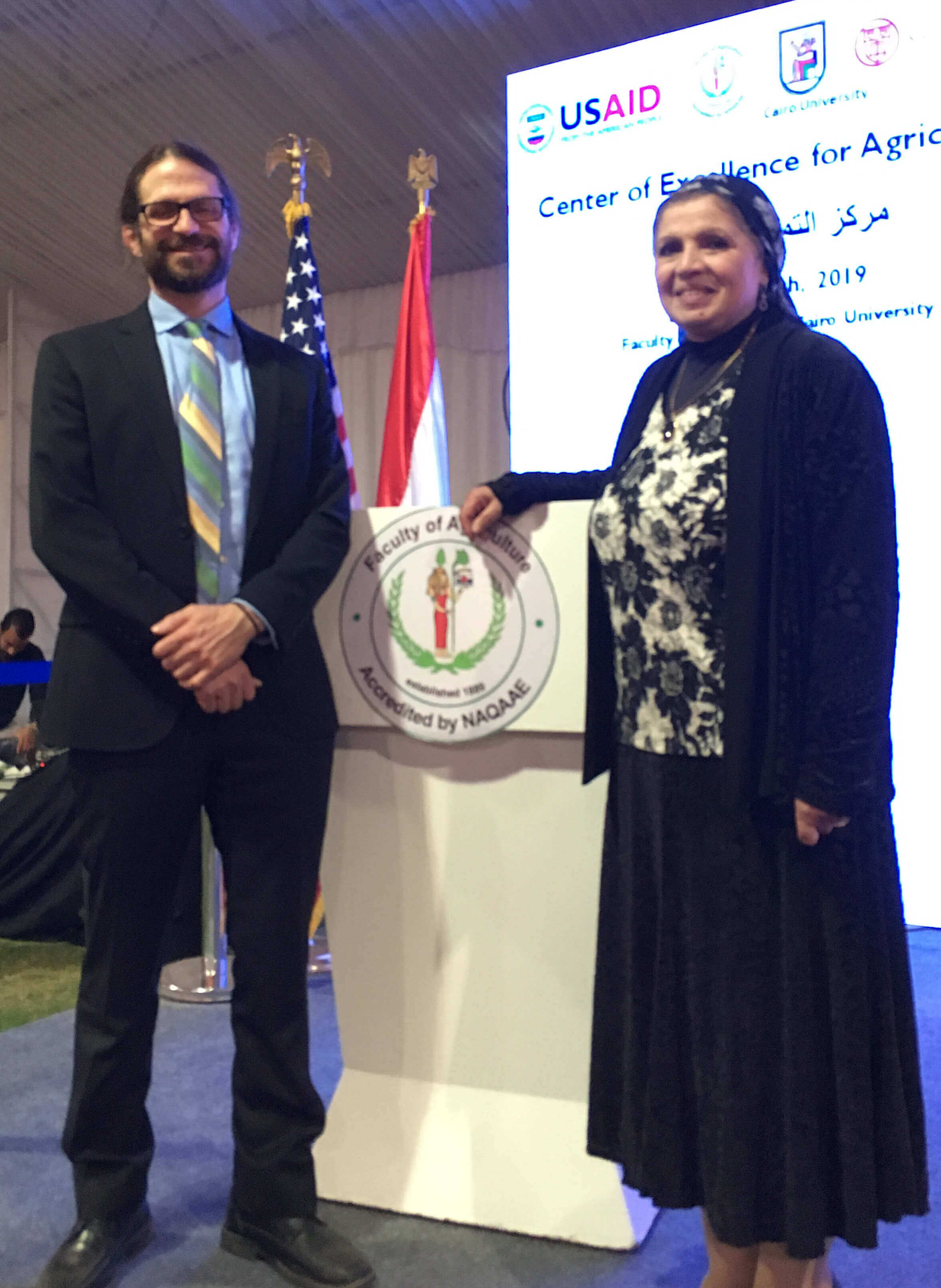 Paul Ebner, professor of animal sciences at Purdue, with Naglaa Abdallah, Chief or Party, Center of Excellence for Agriculture, at the project launch.