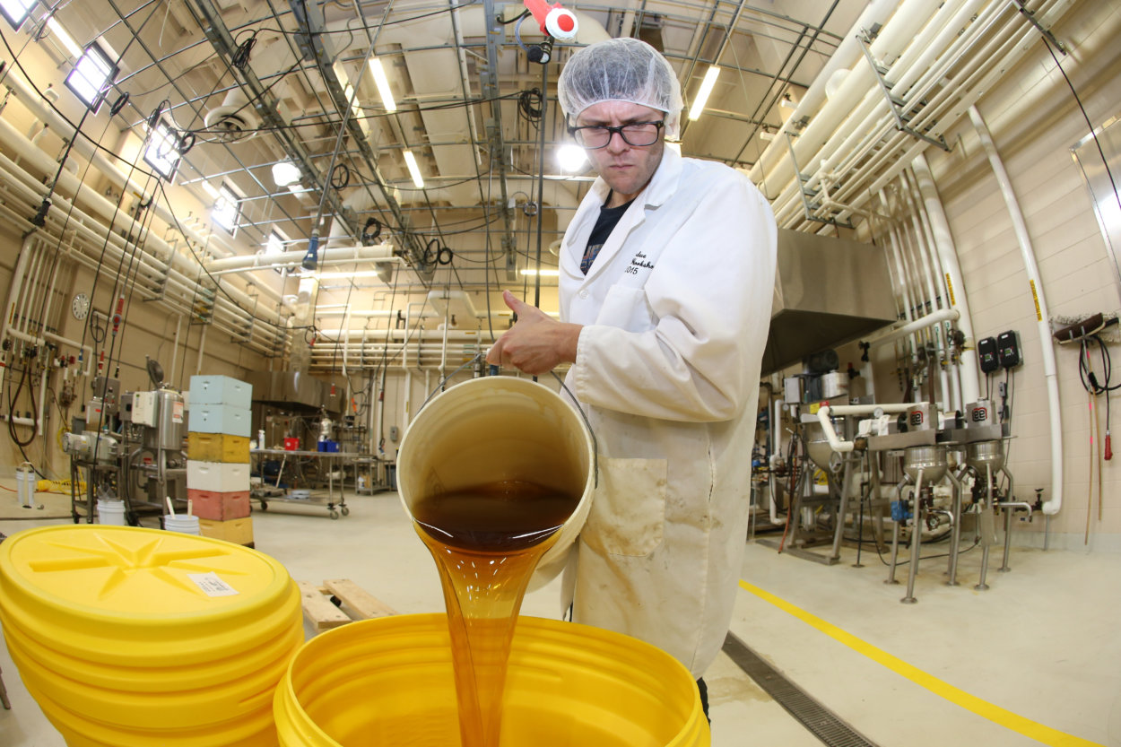 Male adult with safety equipment pouring liquid into container 