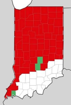 indiana's map showing tar spot in corn marked in red