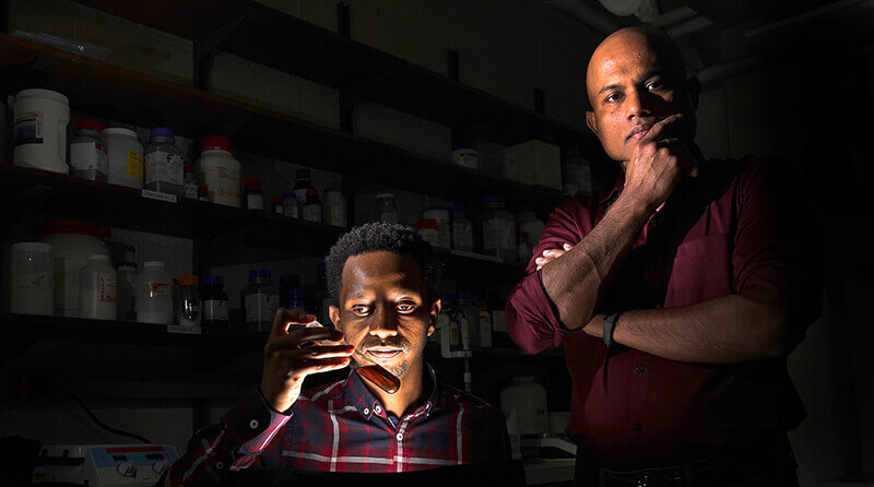 Noticing the protein's brown color, Iskander Ibrahim and Sujith Puthiyaveetil (right)
