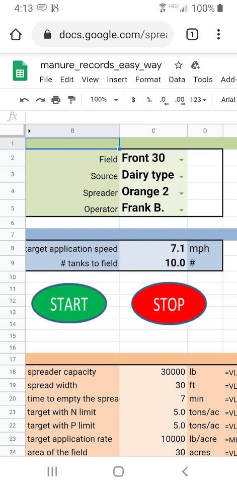 Screenshot of Manure Records Spreadsheet