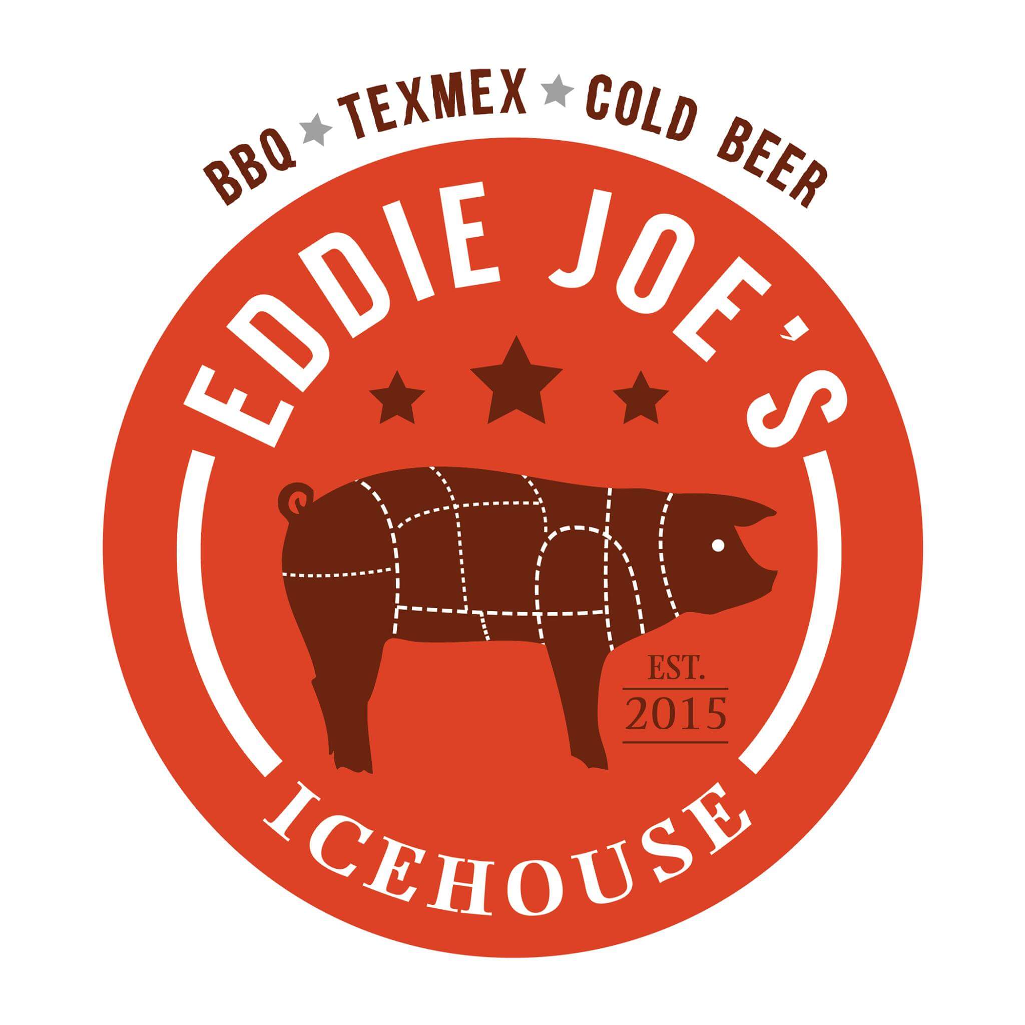 Joe's logo (red circle with drawing of a pig in maroon color showing meat cuts drawings and white letter fonts around: Eddie Joe's Icehouse)