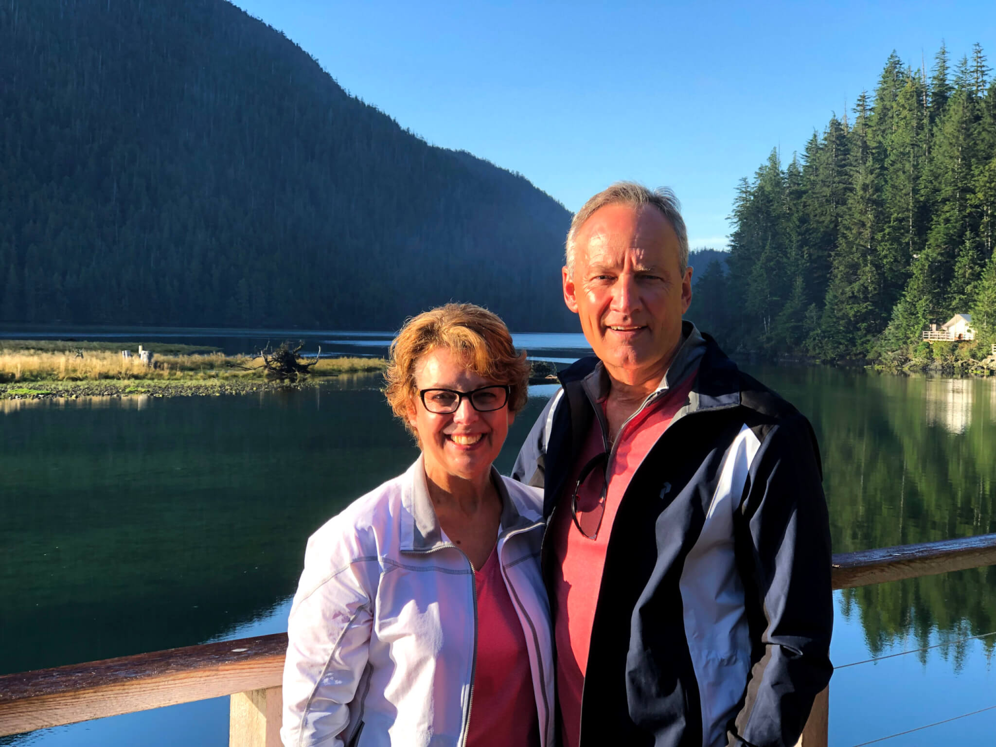 Jenny and Mark, lake and trees on the background