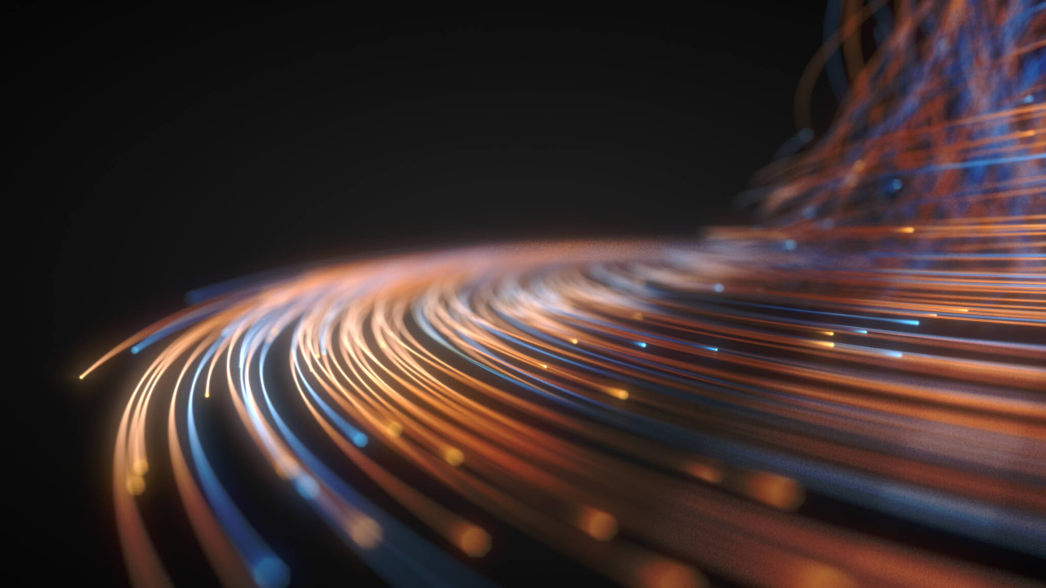 Glowing fiber optic strings in dark. 3d illustration.