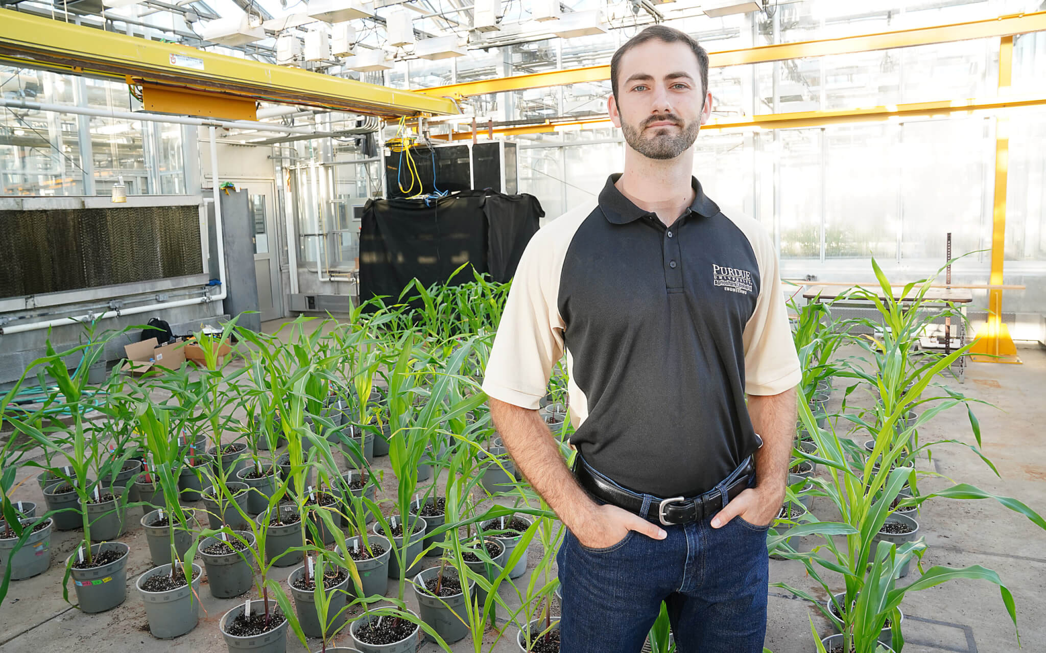 Mark Gee on greenhouse, plant on the back