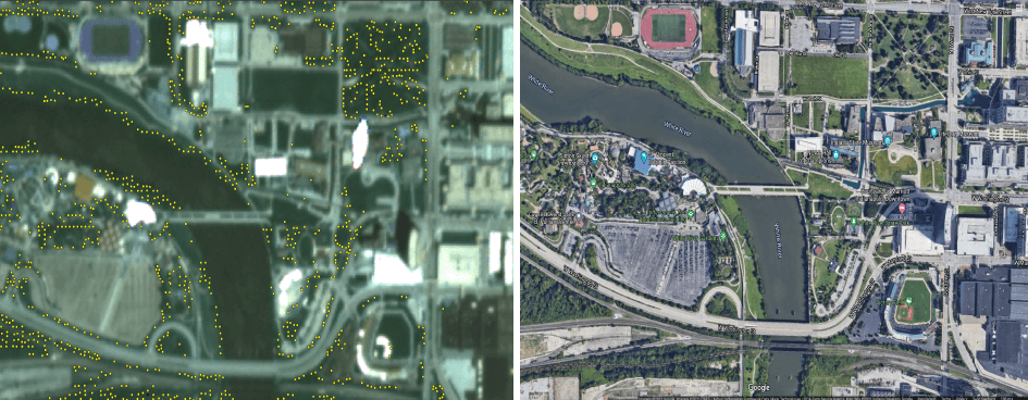 urban tree count graphic, approximated locations of tree plantings in Indianapolis, Ind. (left) vs. a Google aerial snapshot (right). 