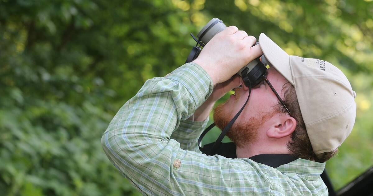 Image of a man looking up with binoculars