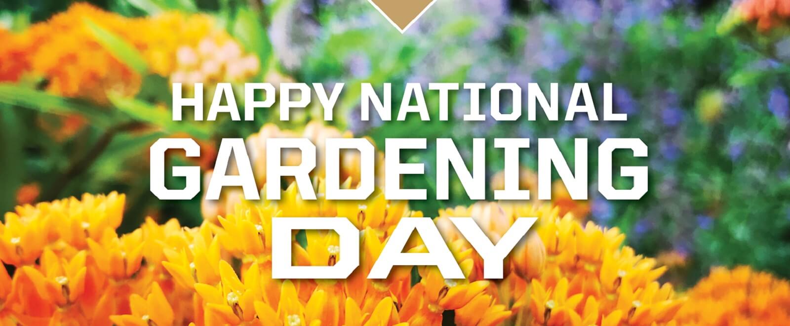 Yellow and purple flowers with white caption letters  Happy National Gardening Day