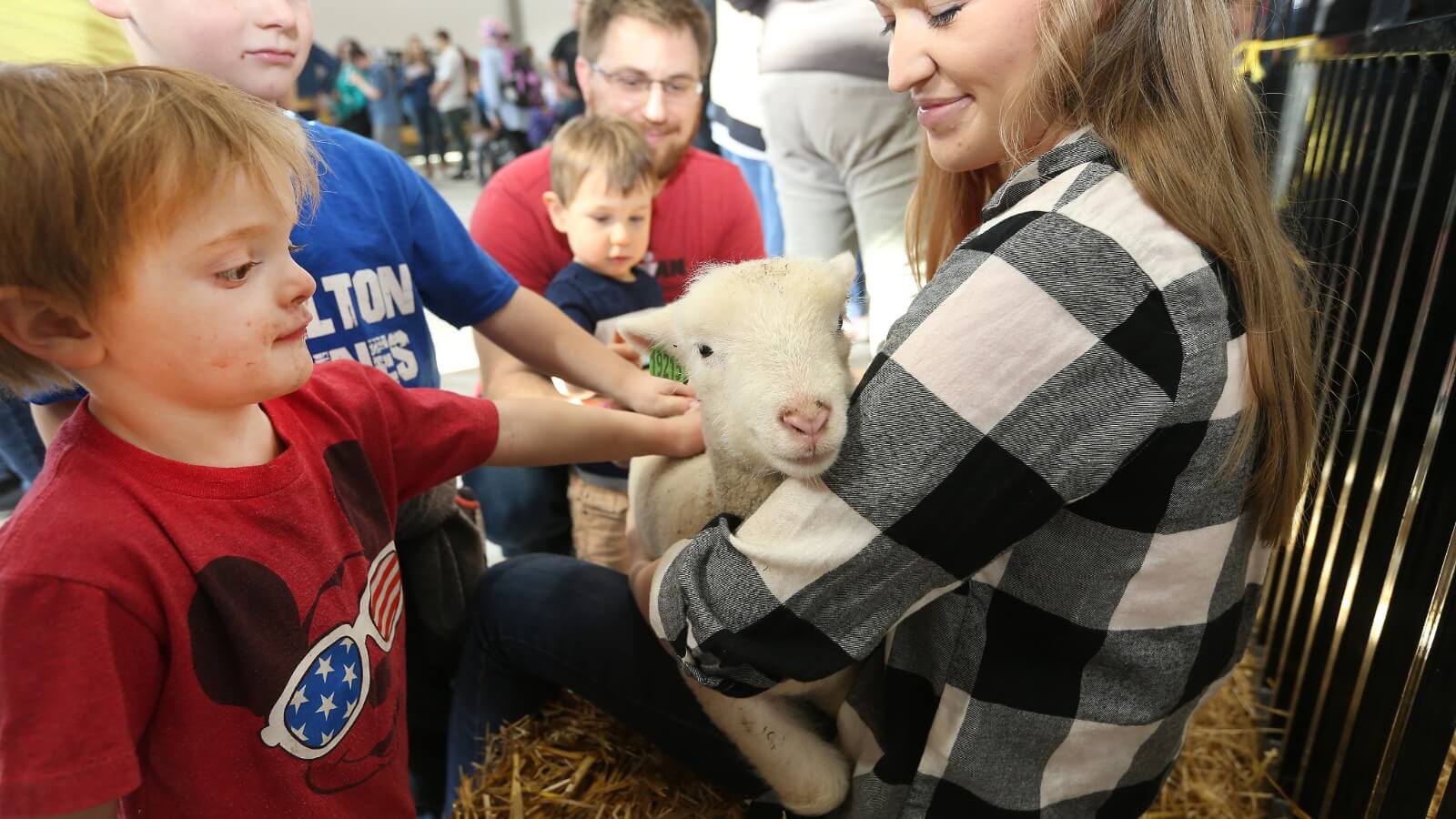 A student volunteer holds a lamb for Spring Fest attendees to feel at the petting zoo.