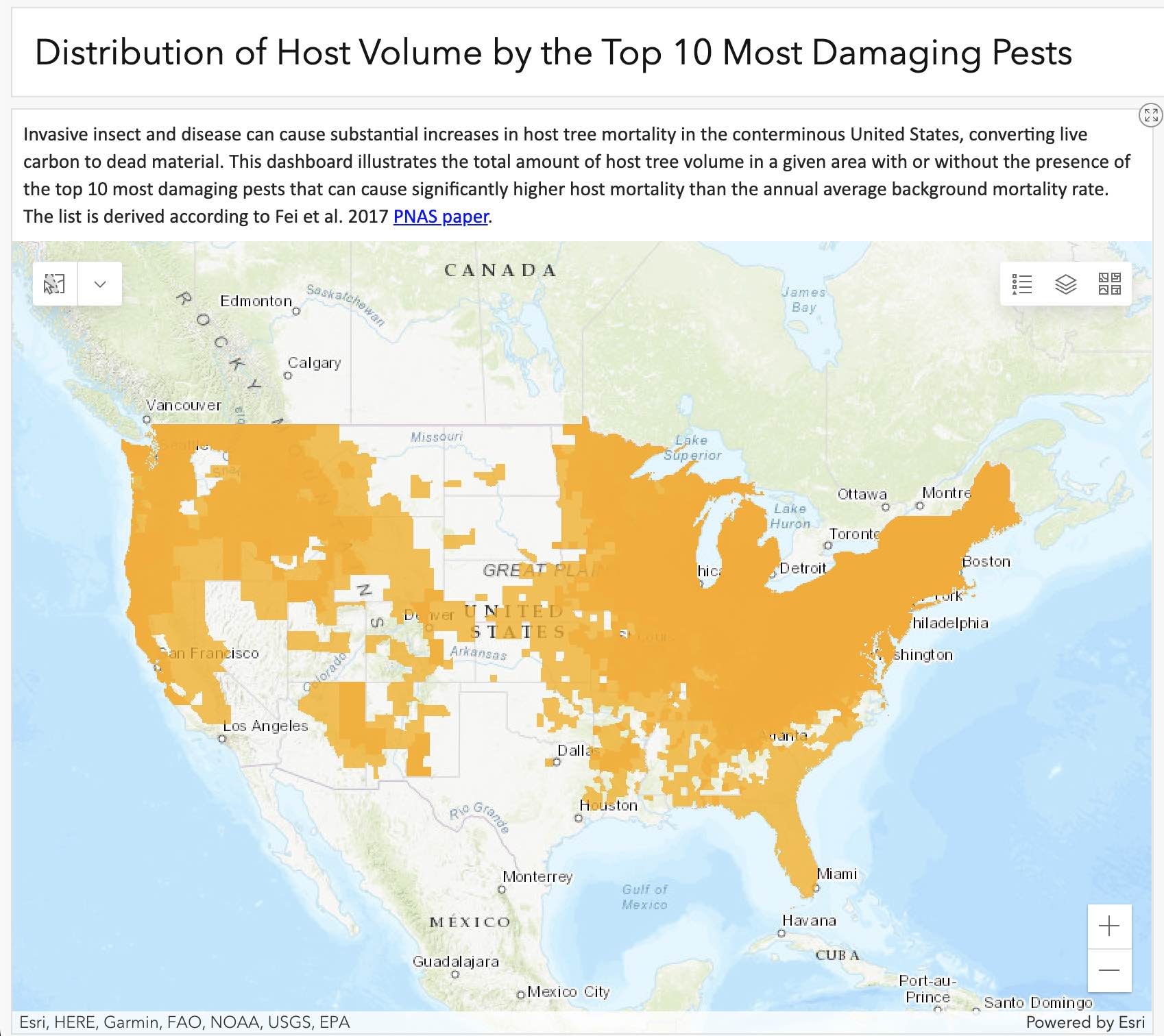 Map of the United States showing the impact of the top 10 most damaging pests across the U.S.