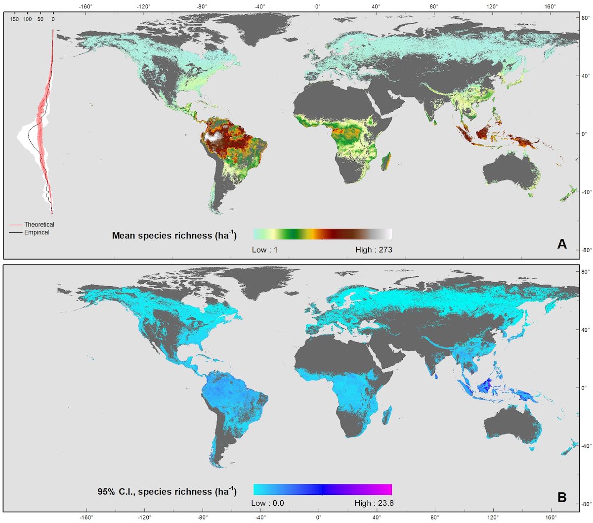 map of tree species per hectare across global forest range