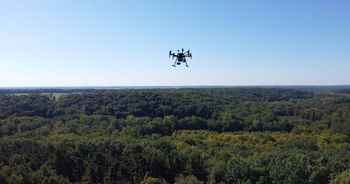 drone flying over forest