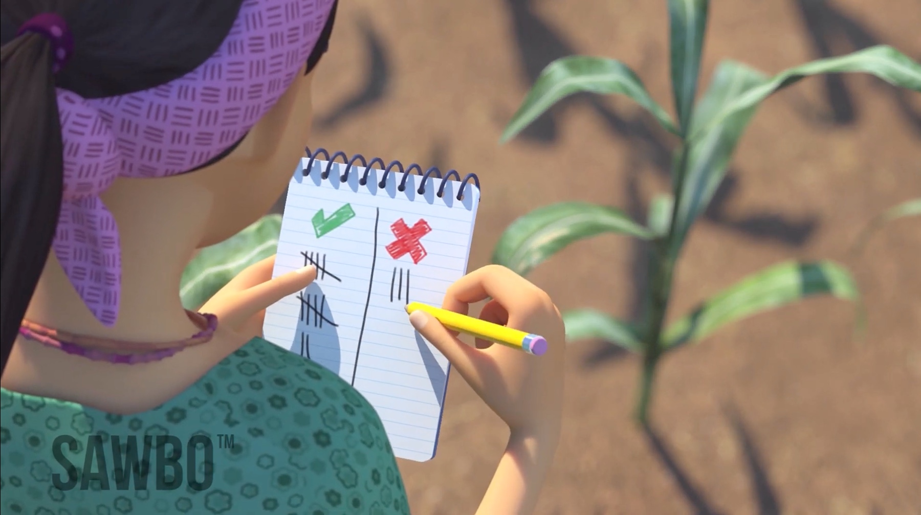 Animated woman working in a field.