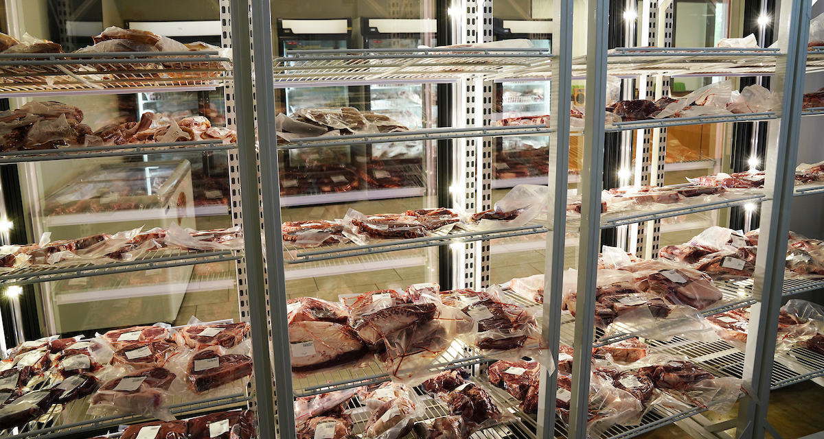 Fresh cuts of beef line the racks at the Boilermaker Butcher Block.