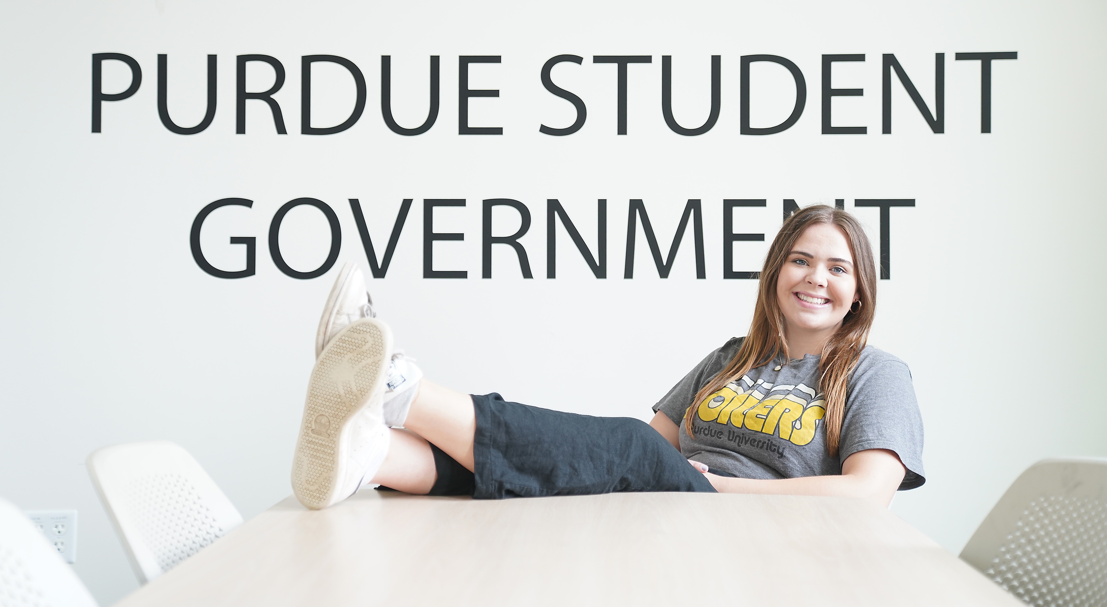 Olivia Wyrick sits in the Purdue Student Government offices