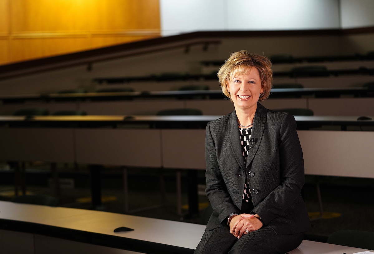 Christine Wilson sits in the Dean's Auditorium located in Pfendler Hall.
