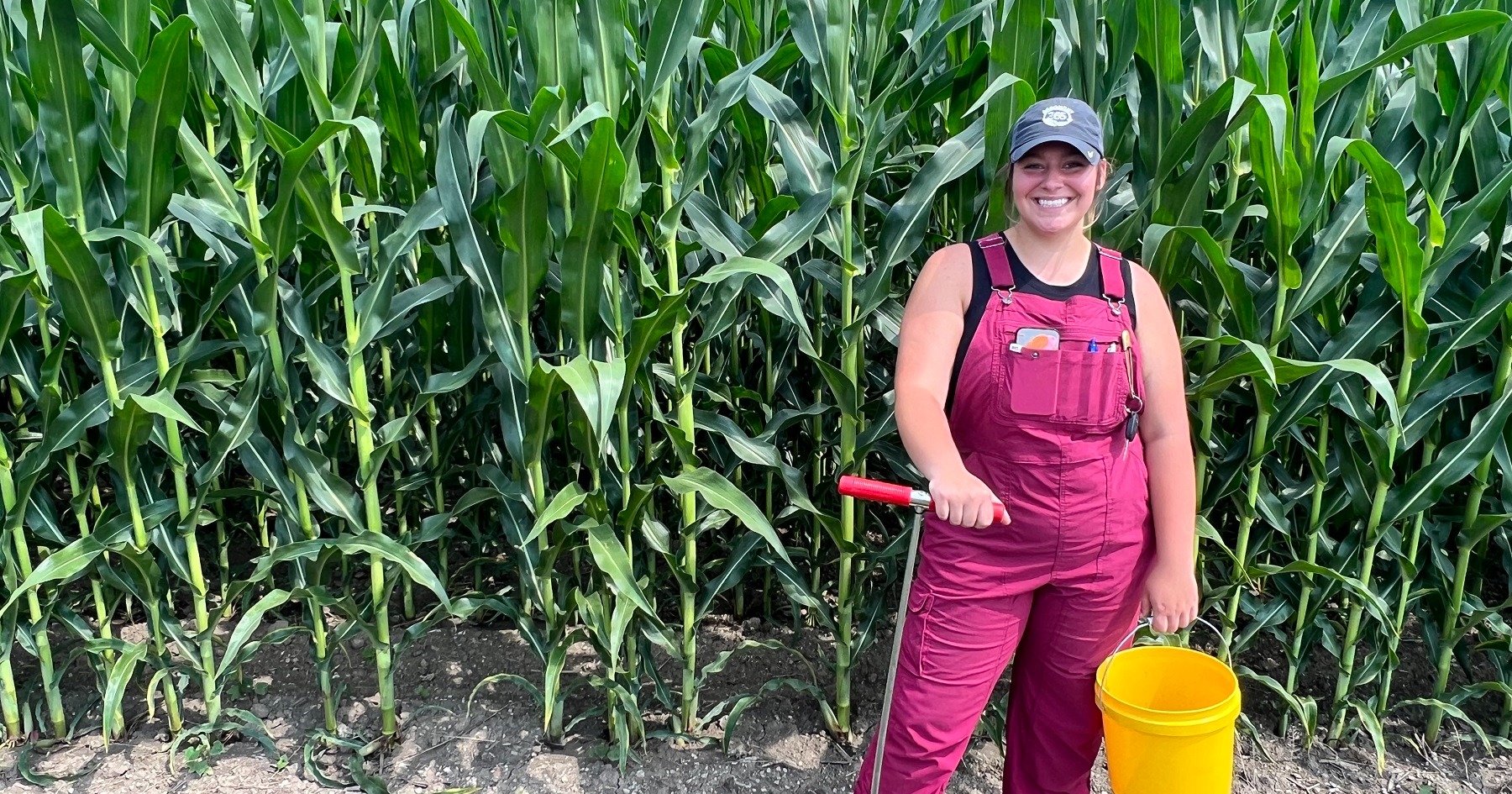 Student Madelyn Pierce poses with a red soil probe and yellow bucket in front of a tall, green field of corn