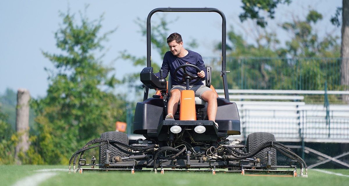 Ben Baumer mowing at Halas Field for Chicago Bears