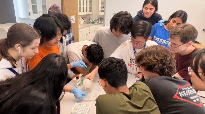 Students surrounding a lab bench 