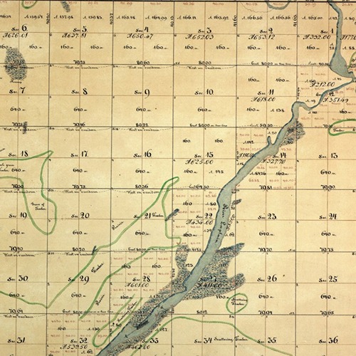Hand drawn map of the des river region in Chicago in 1830s