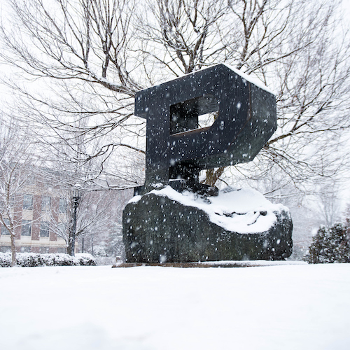 The Purdue block P with snow background.
