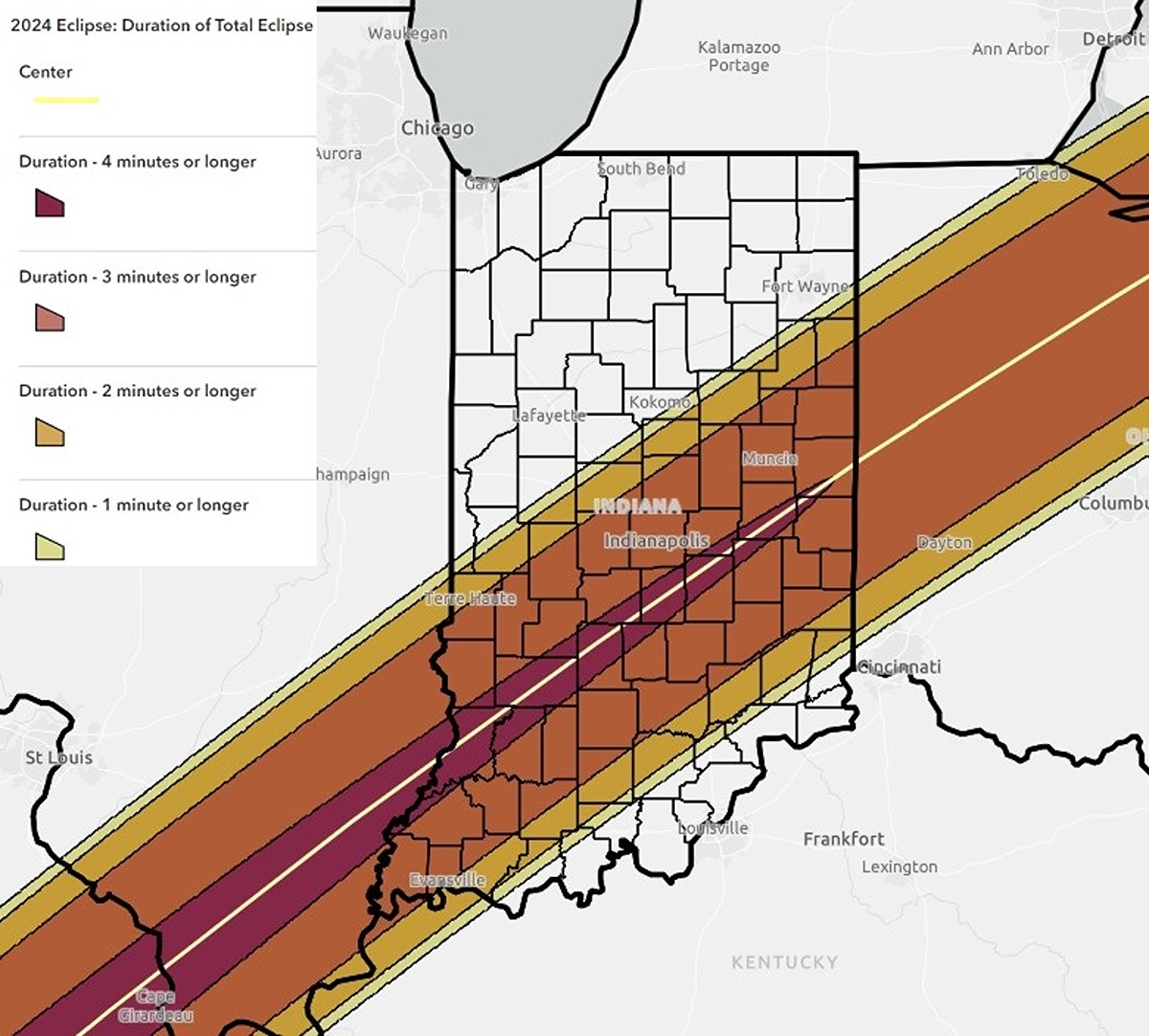 This map from the National Weather Service shows the path of the eclipse as it crosses through Indiana. The closer to the center of the path, the more striking and long-lasting the eclipse will be. 