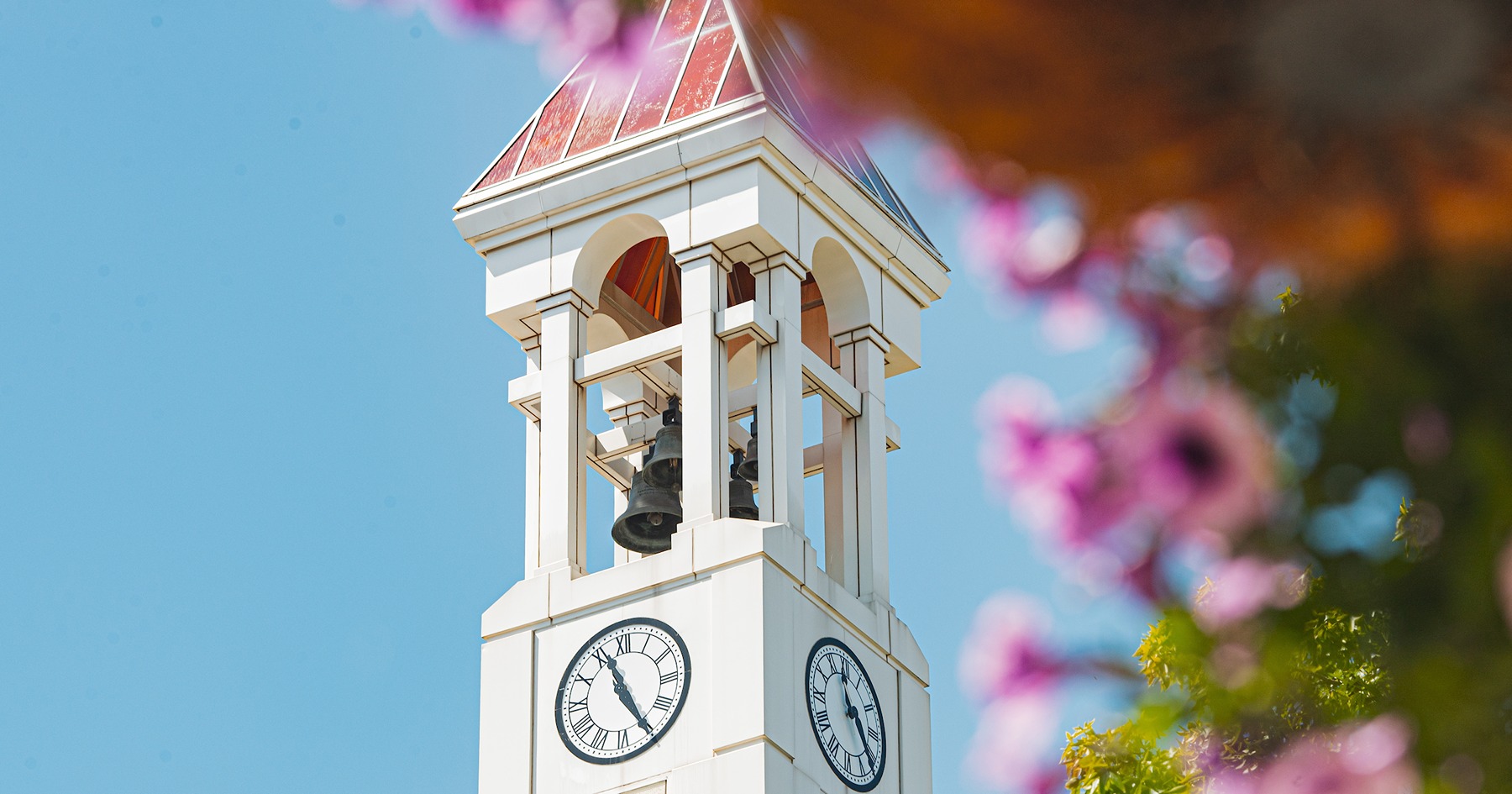 Purdue's bell tower stands tall behind a foreground of purple petunias