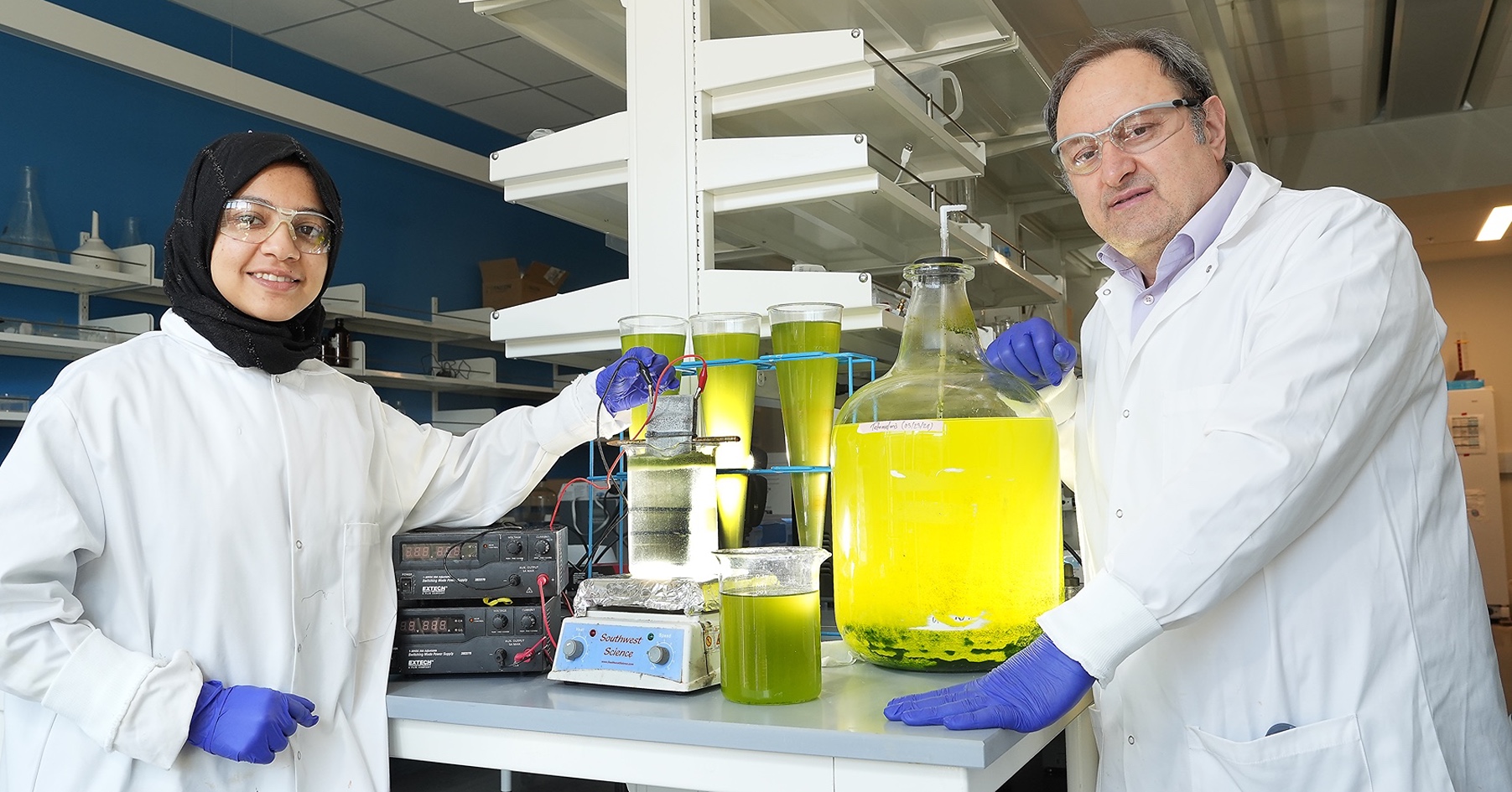 PhD student Nowrin Shaika and professor Halis Simsek, both in agricultural and biological engineering, demonstrate using electrocoagulation to harvest microalgae Chlorella vulgaris from wastewater cleaned with algae.