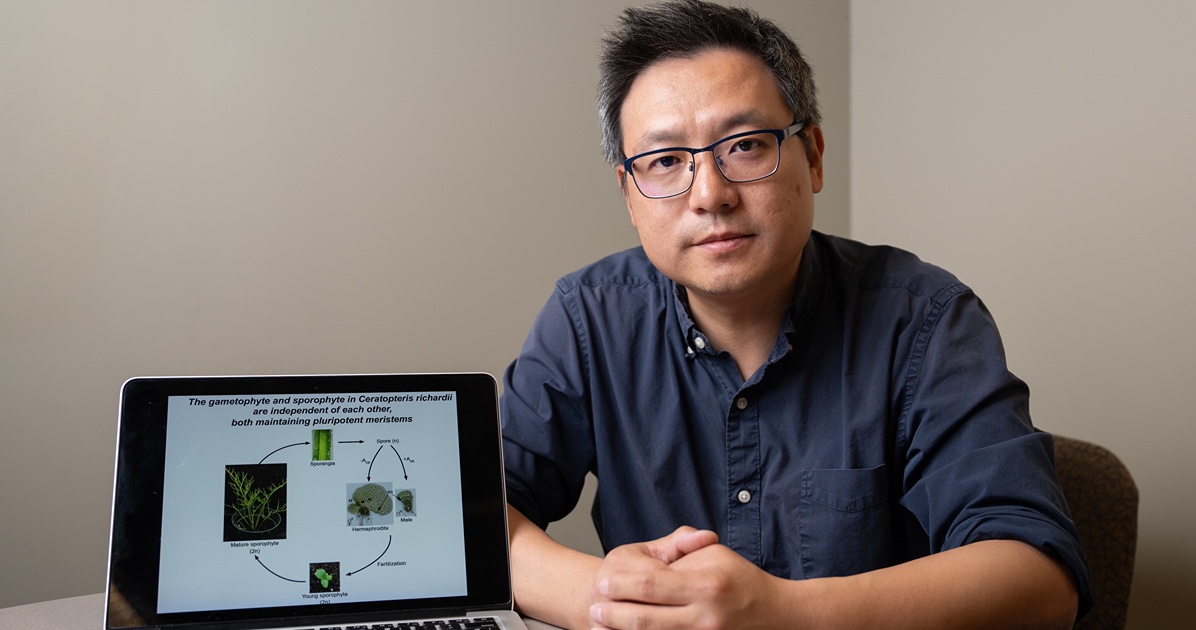 Scientist with laptop showing elements of his research.