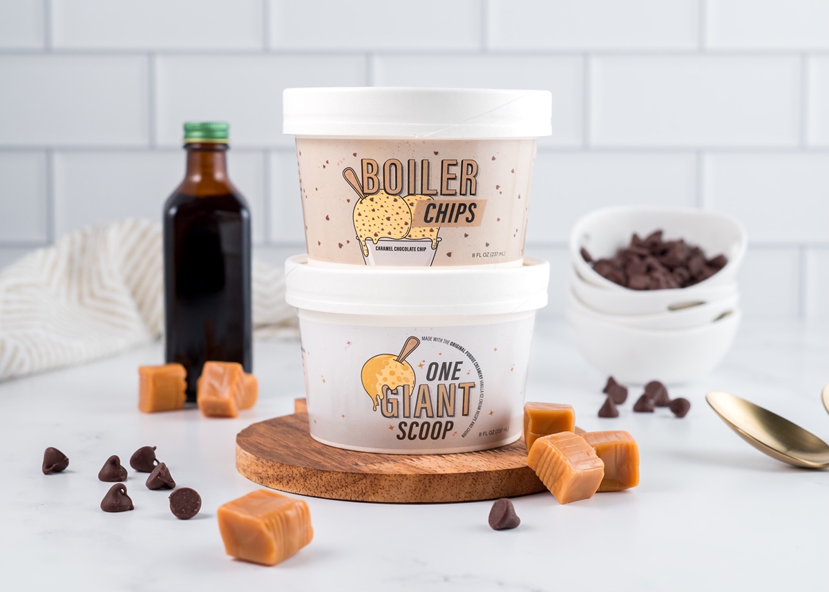 Cups of Purdue’s ice cream Boiler Chips and One Giant Scoop, developed in 2023 by the Food Entrepreneurship and Manufacturing Institute (FEMI). 