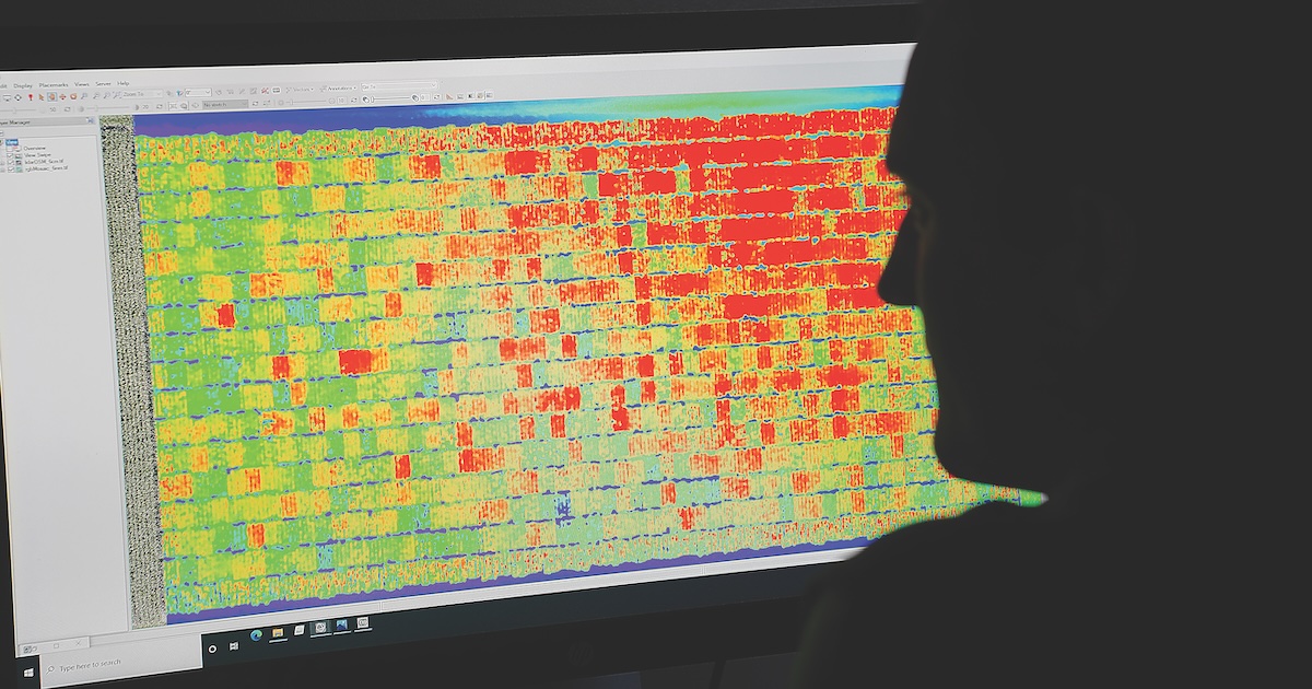 A silhouette of a man’s face in front of a computer screen displaying a UV map with green, yellow and red lines.