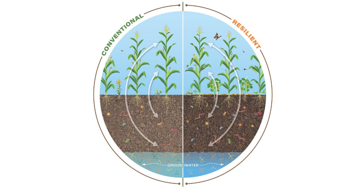 A resilient agricultural systems infographic depicting limited disturbance of soils, inclusion of cover crops and preservation of biodiversity.