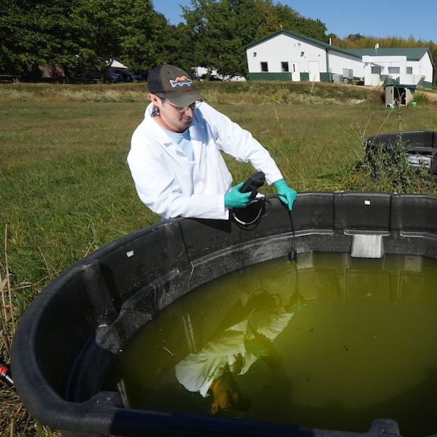 Male researcher water collecting data from water tank