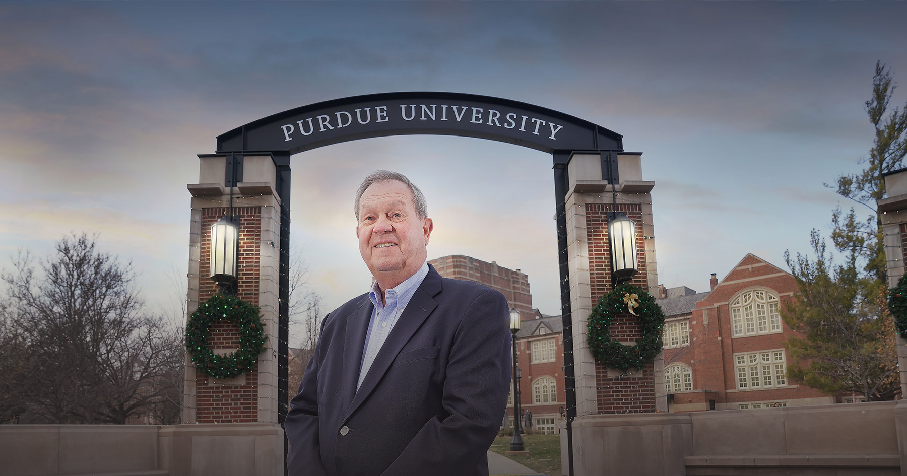 John Baugh stands in front of the Purdue Memorial Union.