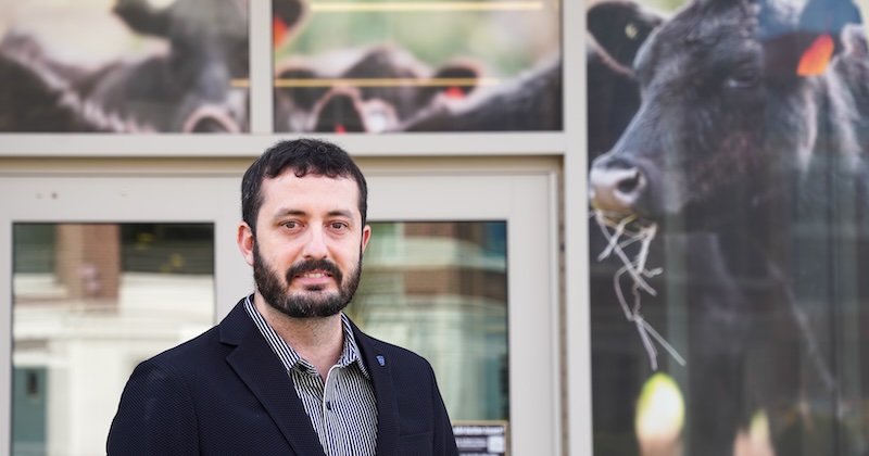 Luiz Brito smiling with a mural of cows in the background.