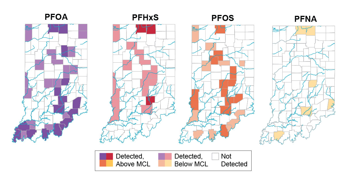 Four maps depicting maximum levels of PFAS — PFOA, PFHxS, PFOS and PFNA — in drinking water across all Indiana counties based on data from the Indiana Department of Environmental Management.
