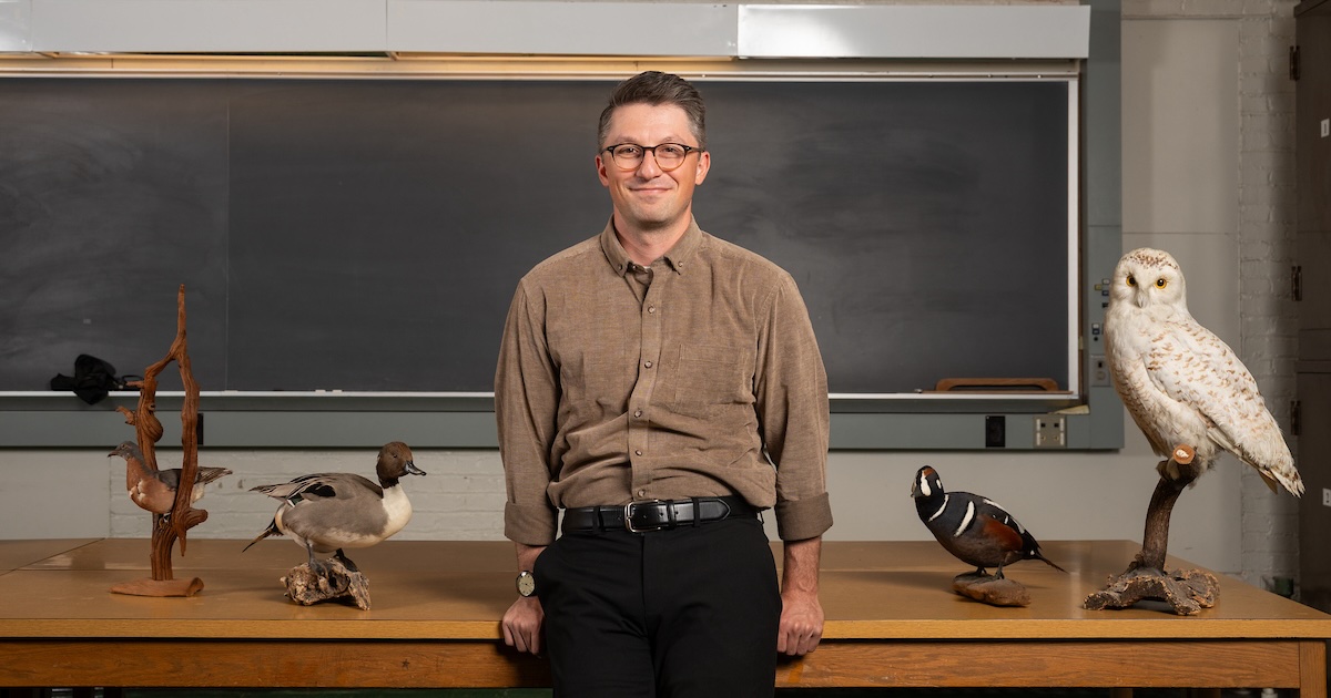 Kyle Horton in the Department of Forestry and Natural Resource’s ornithology teaching classroom.
