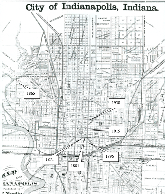 Map showing the locations of Downtown Indianapolis observation stations in 1870.