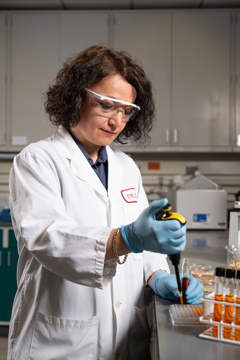 Senay Simsek works with a pipette in a lab.