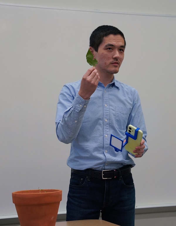 team 2 member holds up a leaf to image
