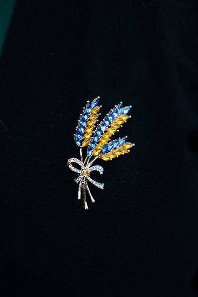 close up of Ukrainian wheat brooch