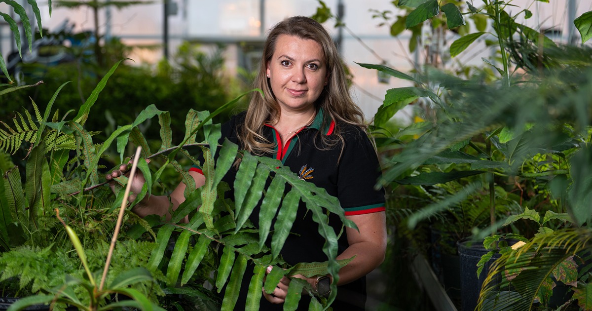 yuliia khoma poses with ferns in the greenhouse