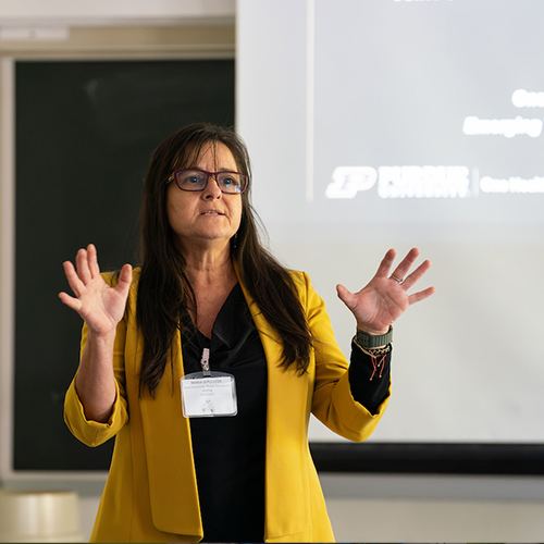 Marisol Sepúlveda, professor of forestry and natural resources, speaks at the front of her class on One Health topics.