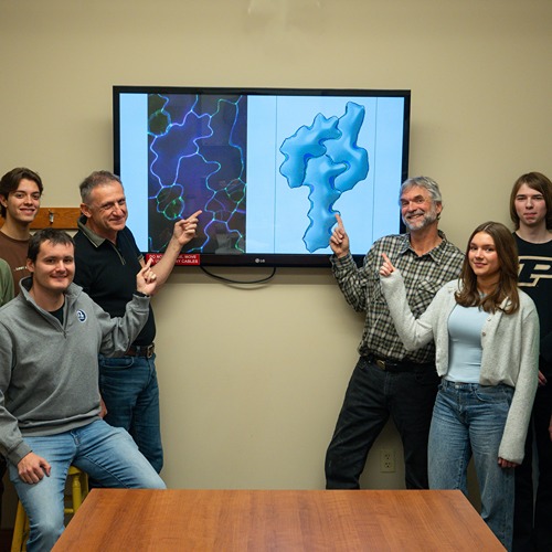 the Szymanski and Siegmund labs stand together in front of photos and models of leaf epidermis on a screen between them.