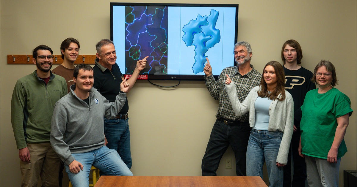 the Szymanski and Siegmund labs stand together in front of photos and models of leaf epidermis on a screen between them.