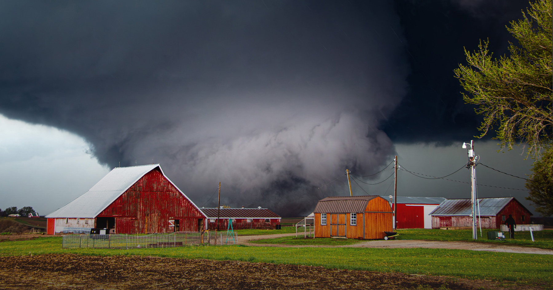 A dark tornado funnel is shown near a farm.
