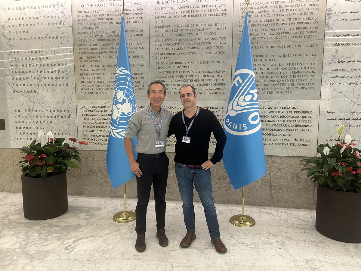 Men stand with flags of the United Nations Food and Agriculture Organization.
