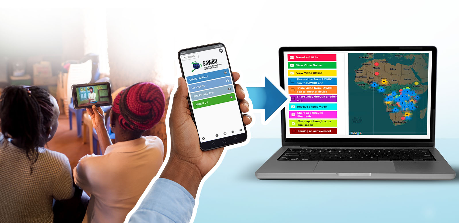 Illustration of people using SWABO App.