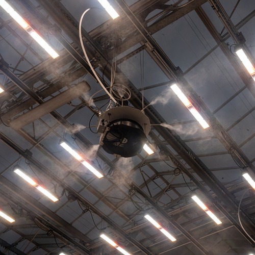 humidifier spraying mist and bright led lights in the greenhouse ceiling